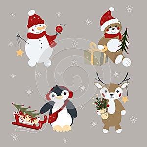 Vectors cute Christmas illustrations set with little deer, penguin, snowman and bear.