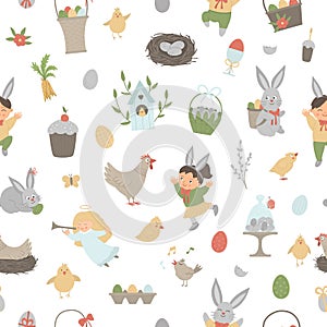 Vectors seamless pattern with design elements for Easter. Repeat background with cute bunny, children