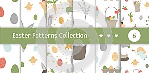 Vectors set of seamless patterns with design elements for Easter. Repeat backgrounds with cute bunny, children, colored eggs,