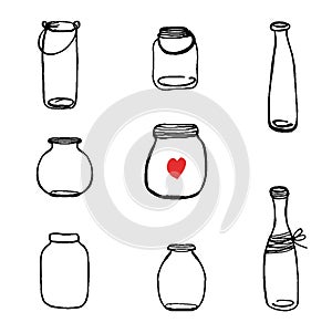 VectorSet of Hand Drawn Mason Jar Vectors. Black jars on white background. Can be uset for cards, invitations, posters and other