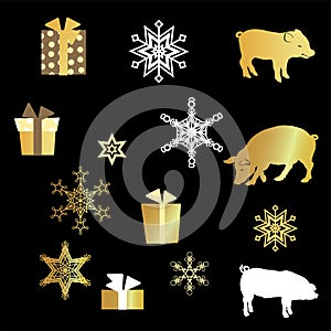 VectorSet with pig silhouette, presents and golden snowflakes