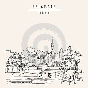 Belgrade, Serbia hand drawn postcard. Belgrade skyline view from river Sava. Hand drawing. Serbian travel sketch. Vintage