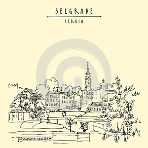 Belgrade, Serbia hand drawn postcard. Belgrade skyline view from river Sava. Hand drawing. Serbian travel sketch. Vintage
