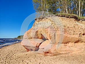 Eczemju Klintis, Veczemju Cliffs on Baltic Sea Near Tuja, Latvia. Beautiful Sea Shore With Limestone and Sand Caves.