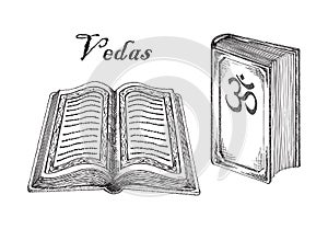 Vedas, Judaism religion Holy book. Ancient Hindu sacred texts, holy scriptures, sketch vector illustration.