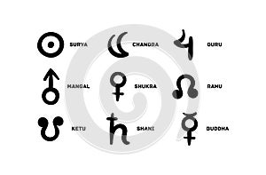 Vedic Astrology Jyotish Signs graha. Surya chandra guru mangal shukra rahu ketu shani buddhi illustration