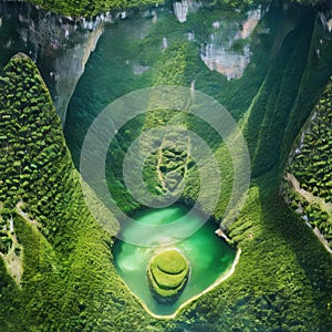 Veduta aerea di un lago verde e sereno incastonato tra maestose montagne