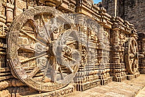 Veew at the decorative stone relief wheels of Konark Sun Temple in India, Odisha