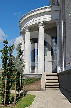 VEF culture palace. Round porch built in classic style. Greek columns decorate the porch