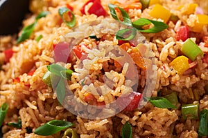 Veg Schezwan Fried Rice in black bowl at dark slate background. indo-chinese cuisine dish