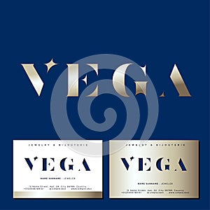 Vega logo. Gold letters V with star. Jewelry emblem. Optical illusion monogram.