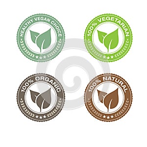 Vegan, 100% vegetarian, 100% organic, 100% natural seals. Scalable vector illustrations