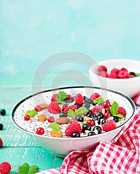 Vegan almond milk chia seeds pudding with raspberries,