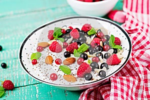 Vegan almond milk chia seeds pudding with raspberries,