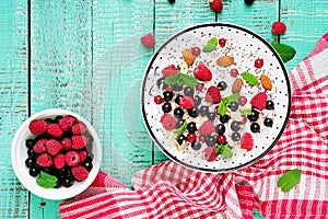 Vegan almond milk chia seeds pudding with raspberries