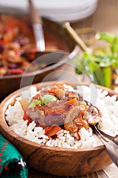 Vegan bean chili served on rice