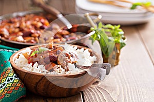 Vegan bean chili served on rice