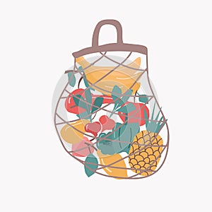 Vegan bio food in eco bag vector illustration.