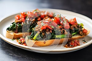 vegan bruschetta topped with broccoli raab and caramelized onion photo