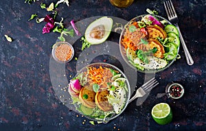 Vegan buddha bowl dinner food table. Healthy food. Healthy vegan lunch bowl. Fritter with lentils and radish, avocado, carrot sala