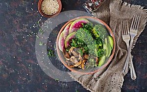 Vegan buddha bowl dinner food table. Healthy food. Healthy vegan lunch bowl. Grilled mushrooms, broccoli, radish salad. Flat lay.