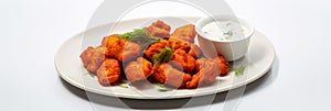 Vegan Buffalo Cauliflower Bites On White Round Plate On White Background