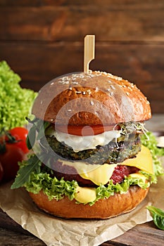 Vegan burger with beet and falafel patties