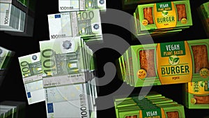 Vegan burger green organic food box and Euro money pack 3d illustration