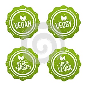 Vegan Button und Vegetarisch Banner Set. Vegan Badge Set.