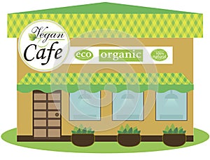 Vegan cafe building facade. Background flat design.