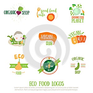 Vegan cafe logo elements on white background. Vegetarian menu. Veggie food restaurant labels. Can be used for signboards