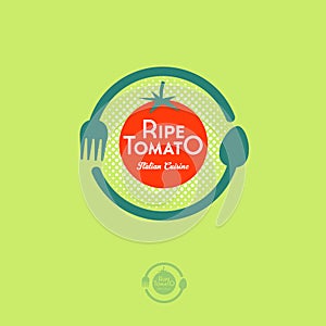 Vegan Cafe logo. Ripe red tomato, fork and spoon in the circle.