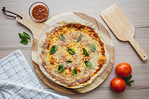 Vegan cheese pizza cenital shot photo