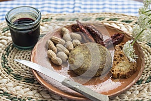 Vegan cheese plate and its various ingredients.