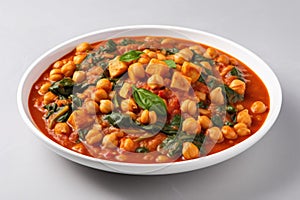 Vegan Chickpea Spinach Stew On White Round Plate On White Background. Generative AI