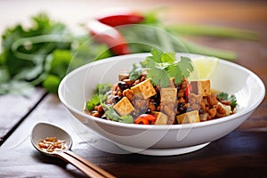 vegan chili with beans and tofu, garnished with cilantro