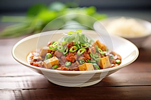 vegan chili with beans and tofu, garnished with cilantro