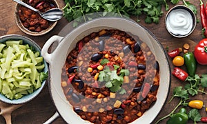 Vegan chilli con carne in bowl on wooden table, top view