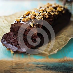 Vegan chocolate cake with caramelized walnuts