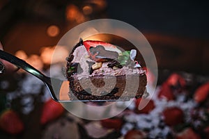 Vegan chocolate cake with strawberries, cocnut shovel and raspberry seeds, served on a paper serviette