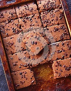 Vegan chocolate slice in a baking tray