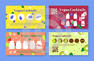 Vegan cocktails smoothie fruit diet drink loyalty card set vector illustration. Healthy shake