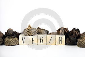 Vegan concept and veganism lifestyle, Vegan text on white background eating green biological natural food with copy space