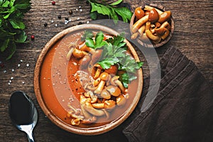 Vegan creamy pumpkin soup with mushrooms, hot pepper and parsley. Winter or autumn healthy vegetarian slow food. Wooden bowl on