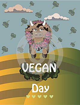 Vegan day. Cow stands with a wreath