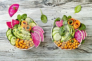 Vegan, detox Buddha bowl recipe with avocado, carrots, spinach, chickpeas and radishes. Top view, flat lay, copy space.