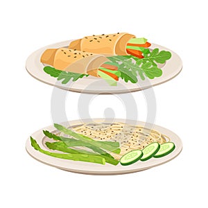 Vegan Dish and Main Course with Noodle and Vegetable Wrap Vector Set