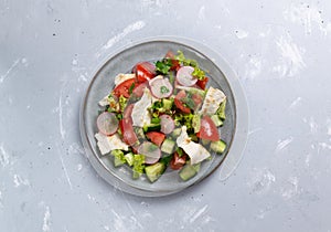 Vegan fattoush salad in a plate on a gray background.