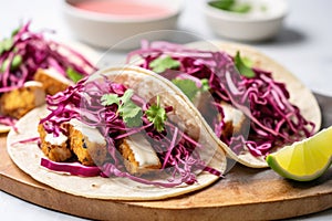 vegan fish tacos with breaded tofu and slaw on a marble surface