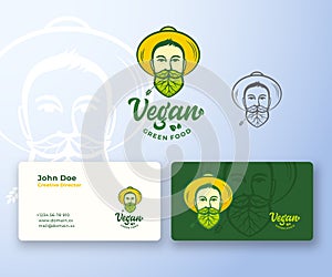 Vegan Food Abstract Abstract Vector Logo and Business Card Template. Young Man in Gardener Hat. Face with Leaves